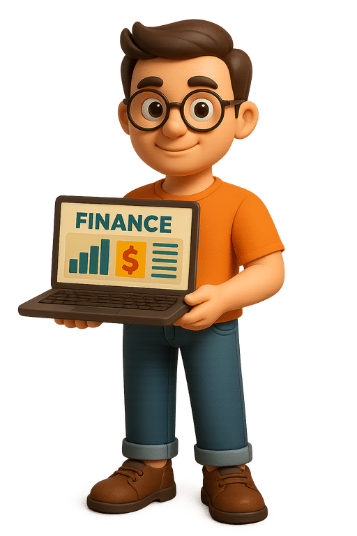 3D Cartoon character holding a laptop with finance charts.