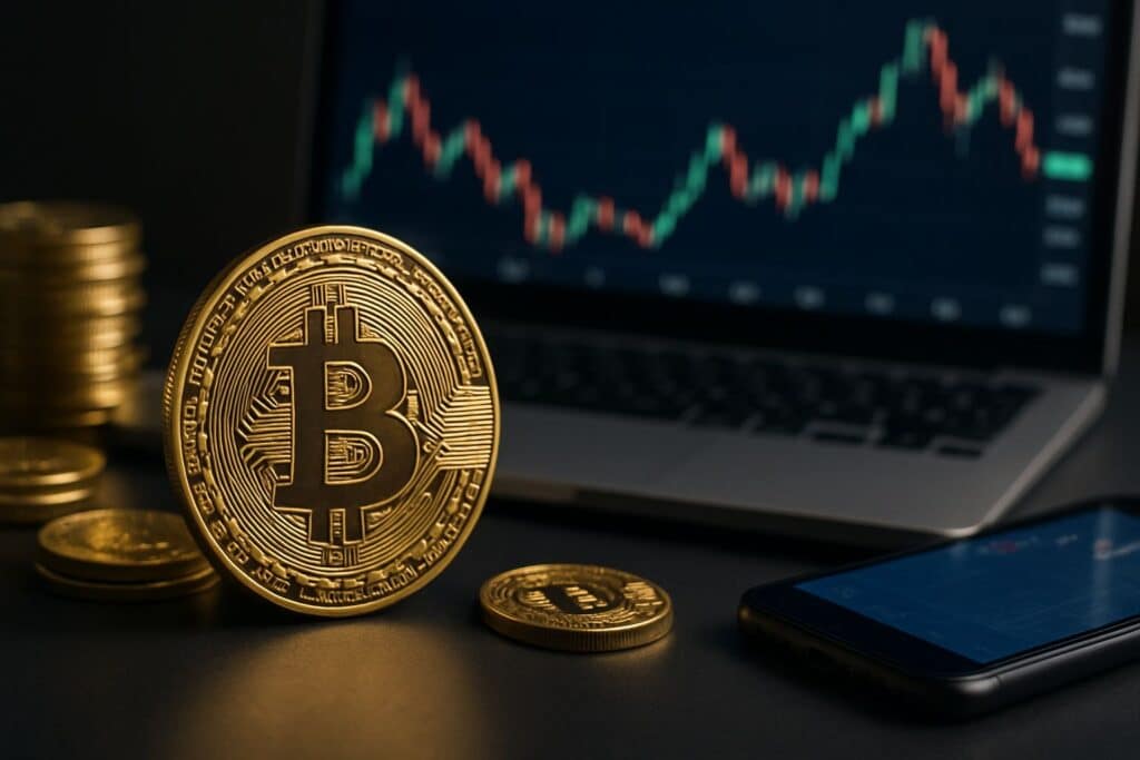 Bitcoin cryptocurrency with trading chart and smartphone.