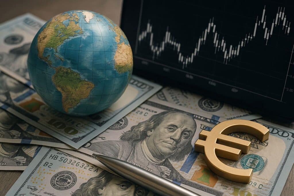 Global market trends with dollar bills, euro symbol, and trading chart.