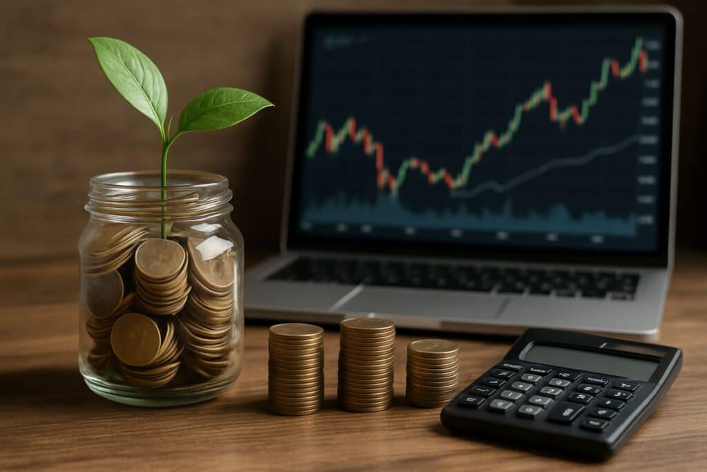 Investment growth with coins, plant, and stock chart.