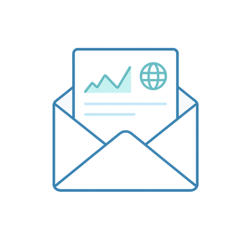 Neon-style icon of an open envelope containing a newsletter with a chart and globe symbol, glowing in blue tones.