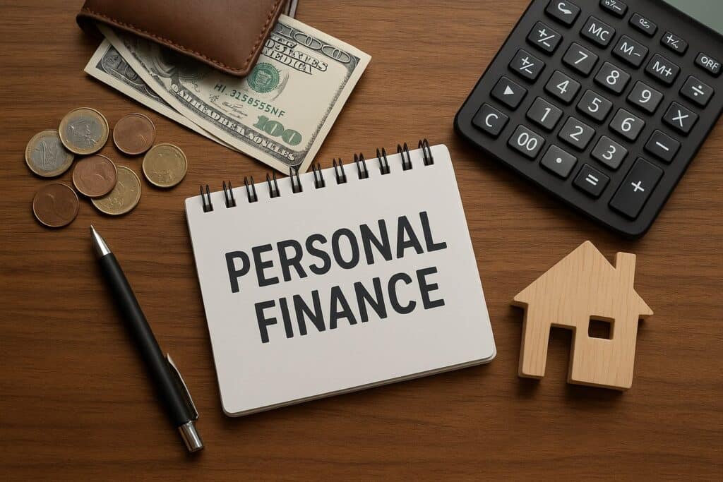 Personal finance management tools on desk.