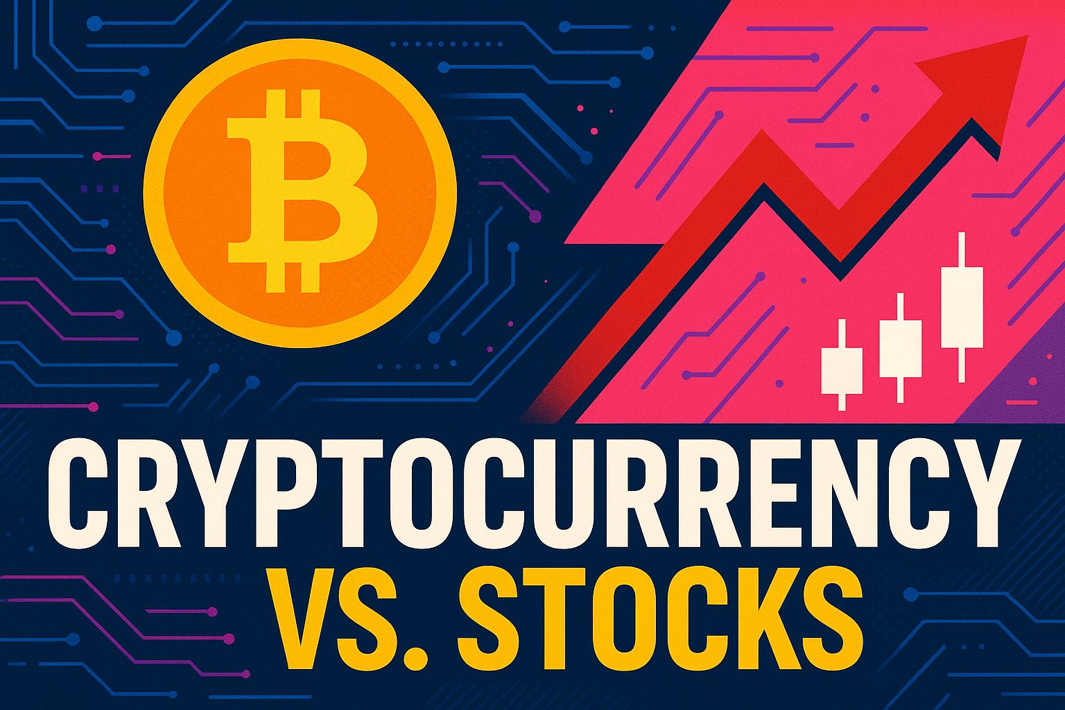 Illustration comparing cryptocurrency and stocks with a Bitcoin symbol and upward trending stock chart representing financial market growth.