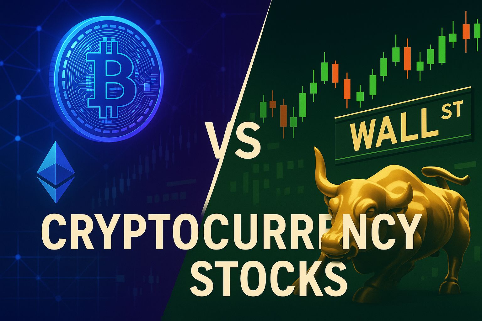 Visual comparison of cryptocurrency and traditional stocks, featuring Bitcoin and Ethereum logos on one side, and Wall Street bull with candlestick chart on the other.