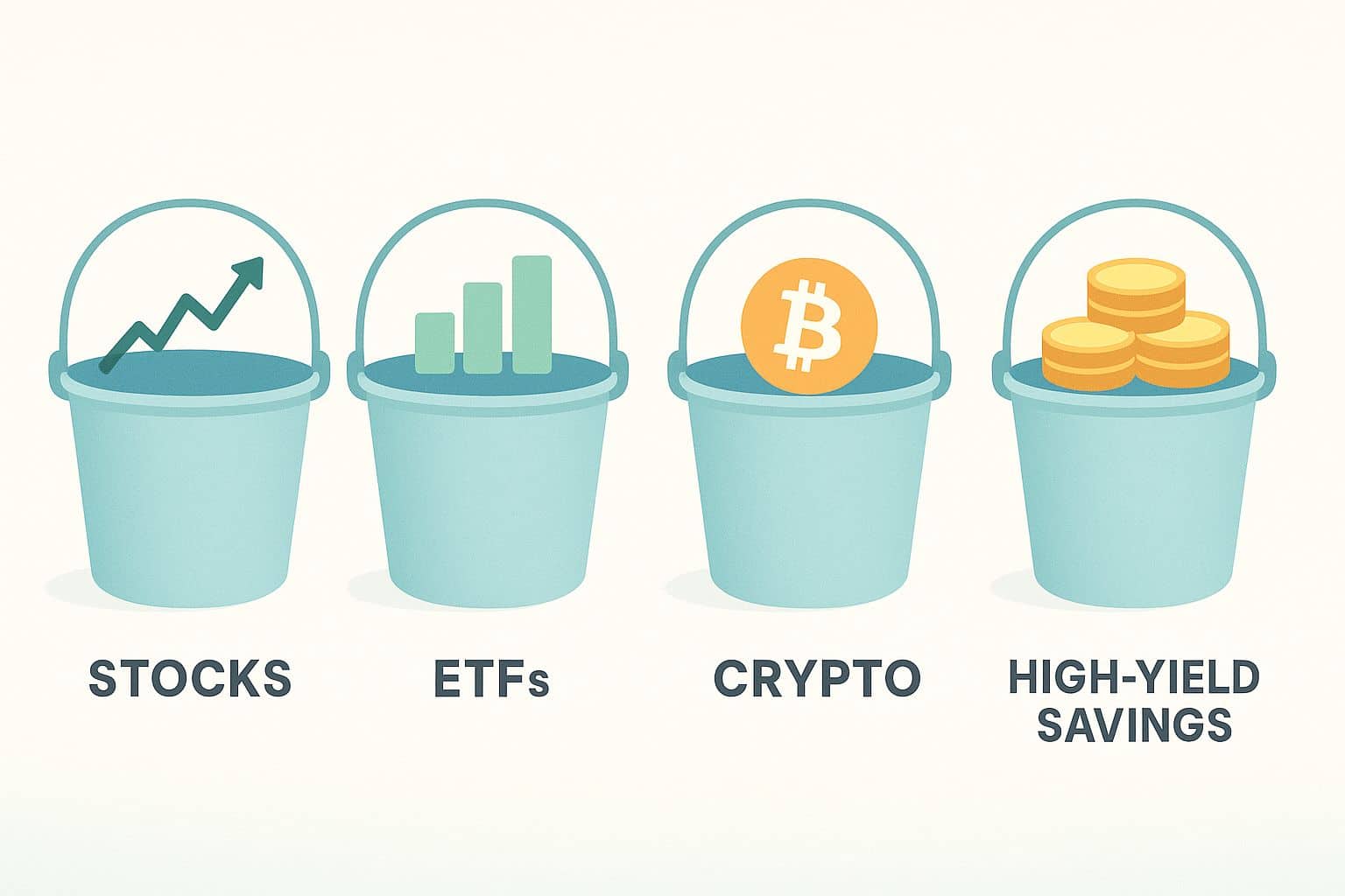 Four buckets displaying assorted money types, featuring a mix of coins and paper currency for visual analysis.