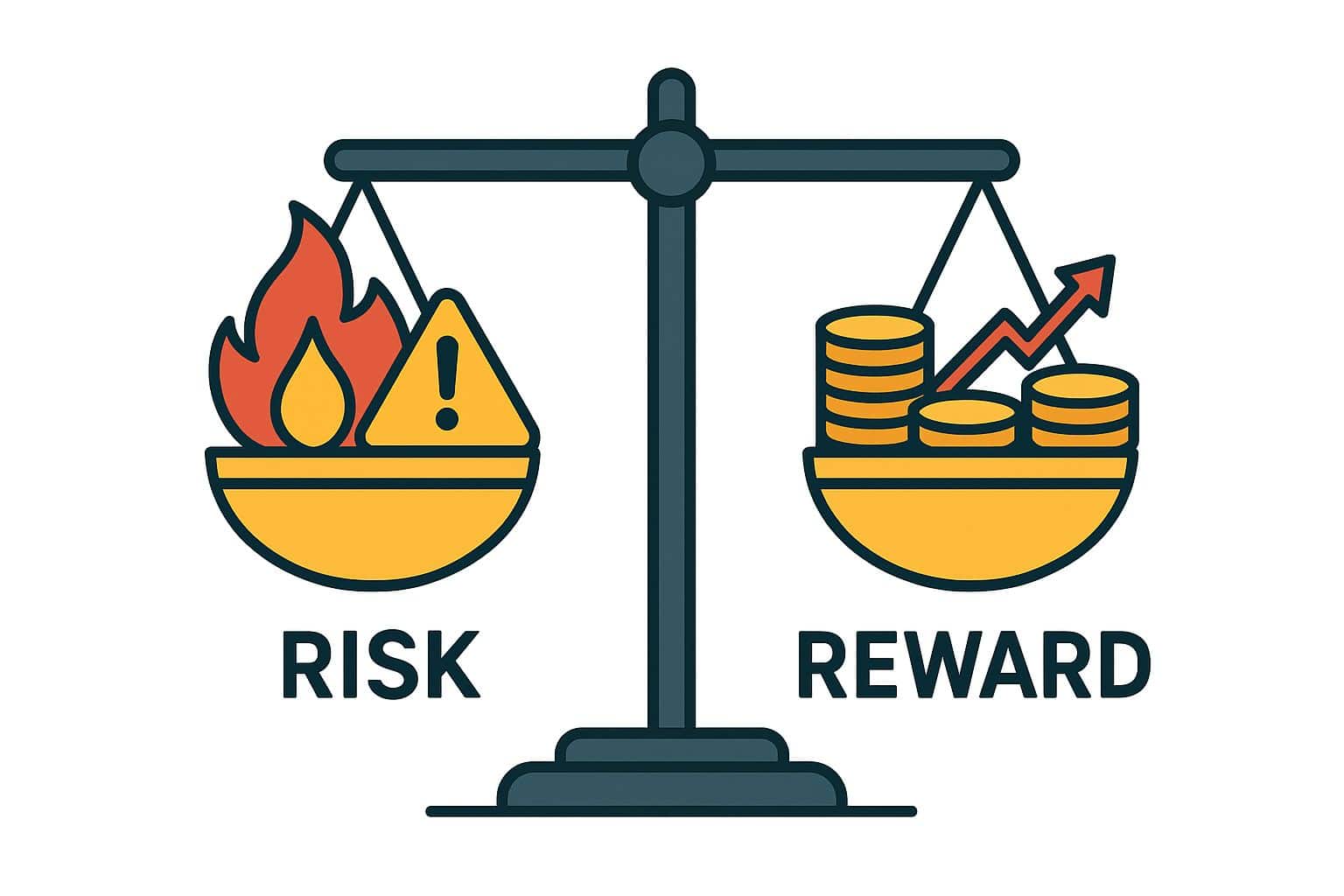 Illustration depicting the concept of risk versus reward, featuring scales balancing risk and potential gains.