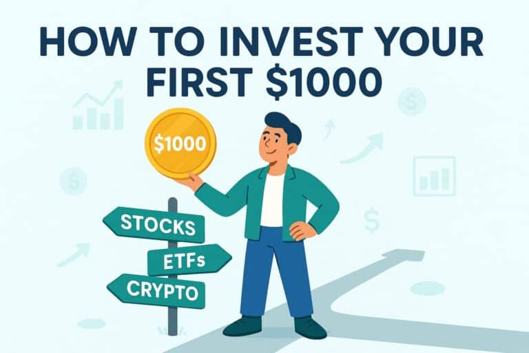Infographic header titled HOW TO INVEST YOUR FIRST $1000. Features a stylized $1000 bill and labels for three investment types STOCKS, ETFs, and CRYPTO.