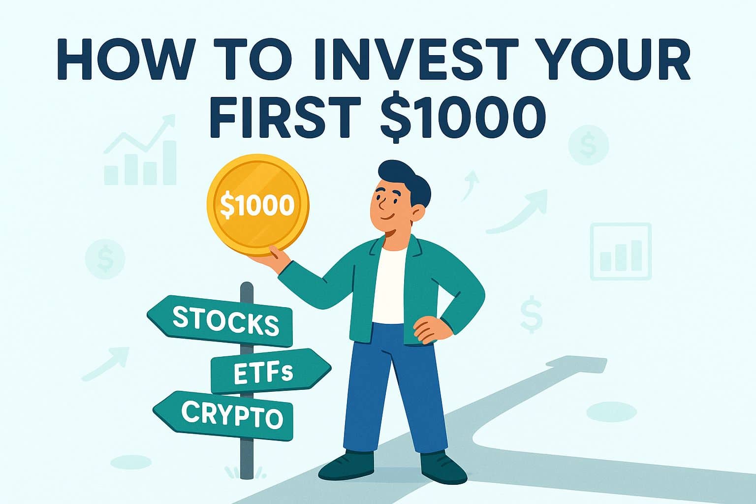 Infographic header titled HOW TO INVEST YOUR FIRST $1000. Features a stylized $1000 bill and labels for three investment types STOCKS, ETFs, and CRYPTO.