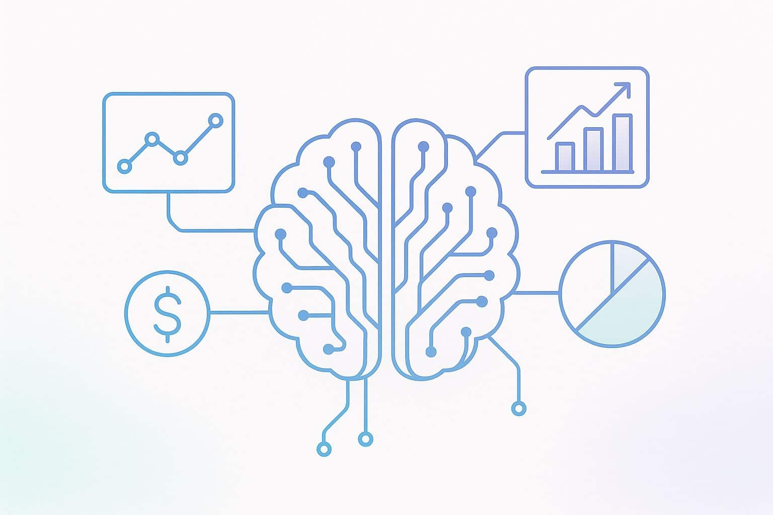 A brain surrounded by a business graph and various icons representing finance and strategy.