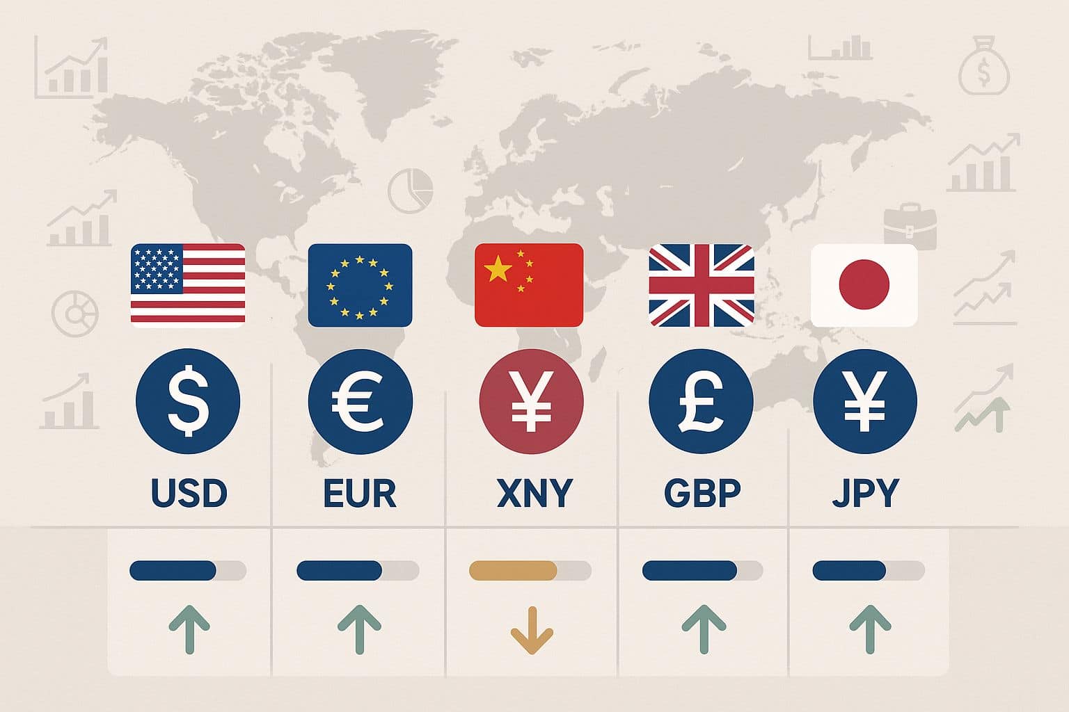 A graphic displaying various world currencies, illustrating their symbols and values in a visually engaging format.