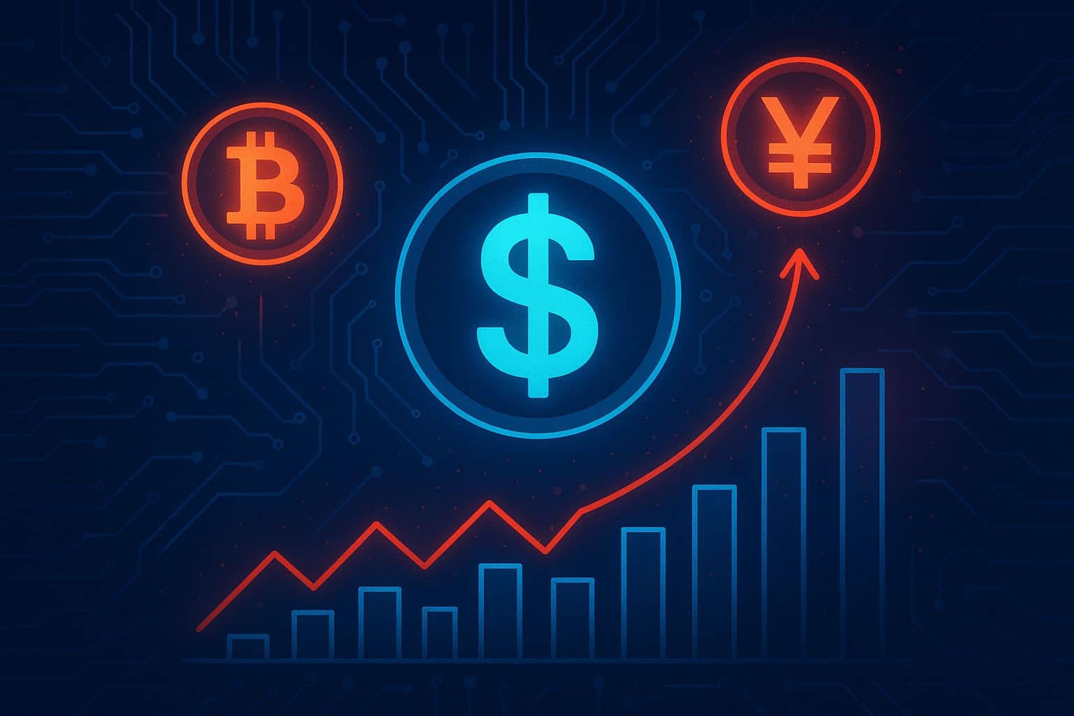 Chart displaying Bitcoin and USD trends, featuring dollar and yen currency symbols for comparison.