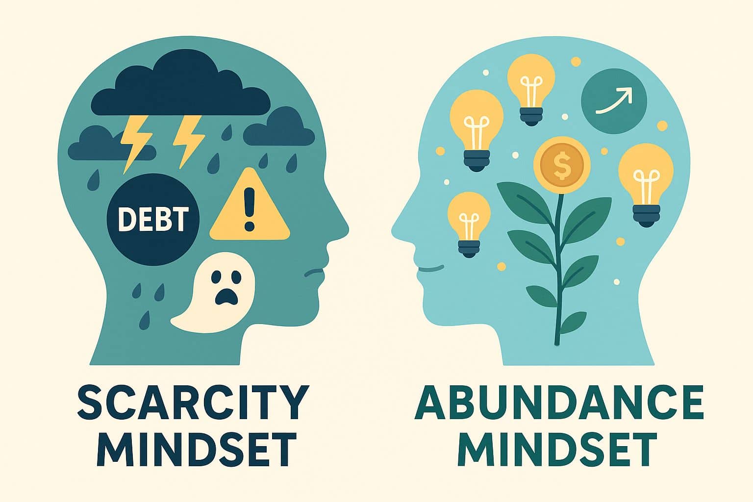 Illustration of two heads labeled scarcity mindset and abundance mindset, contrasting different mental approaches to resources.