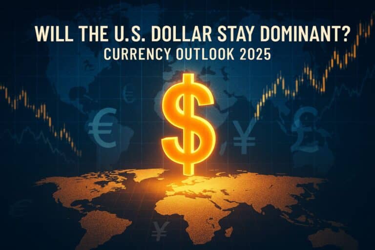 Image questioning will the U.S. dollar stay dominant in global markets, featuring financial charts and currency symbols.